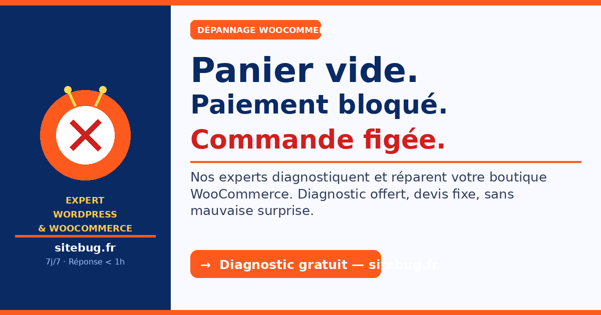 Dépannage WooCommerce : panier vide, paiement bloqué, commande figée — causes & solutions